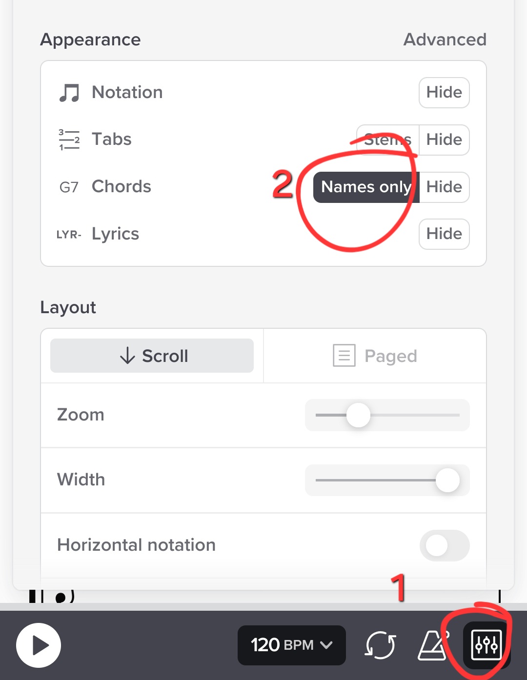 Turning on chord diagrammes in Soundslice.